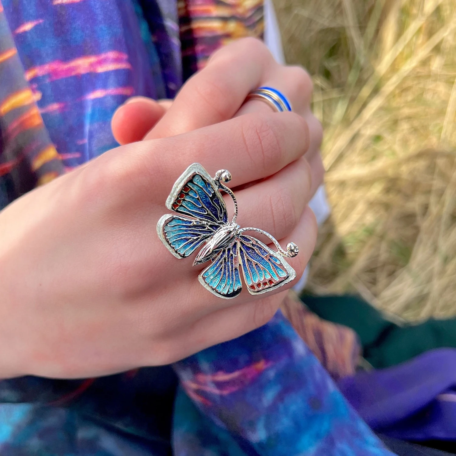 Common Blue Butterfly Enamel Cocktail Ring 3 Common Blue Butterfly Enamel Cocktail Ring
