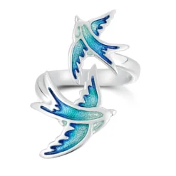 Swallows Silver 2-bird Ring In Summer Blue Enamel