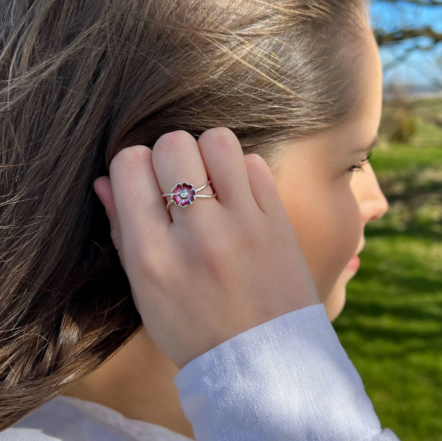 Primula Scotica 1-flower CZ Ring In Hot Pink Enamel 4 Primula Scotica 1-flower CZ Ring In Hot Pink Enamel - Image 2