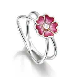 Primula Scotica 1-flower CZ Ring In Hot Pink Enamel