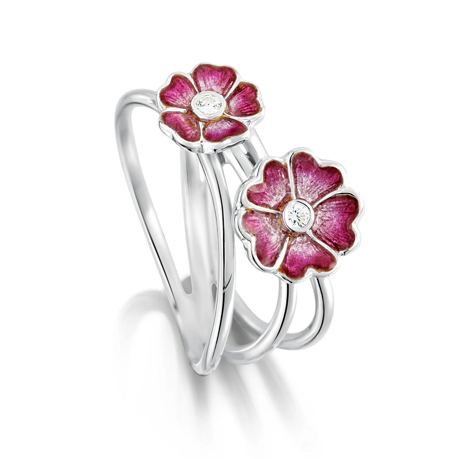 Primula Scotica 2-flower CZ Ring In Hot Pink Enamel 3 Primula Scotica 2-flower CZ Ring In Hot Pink Enamel