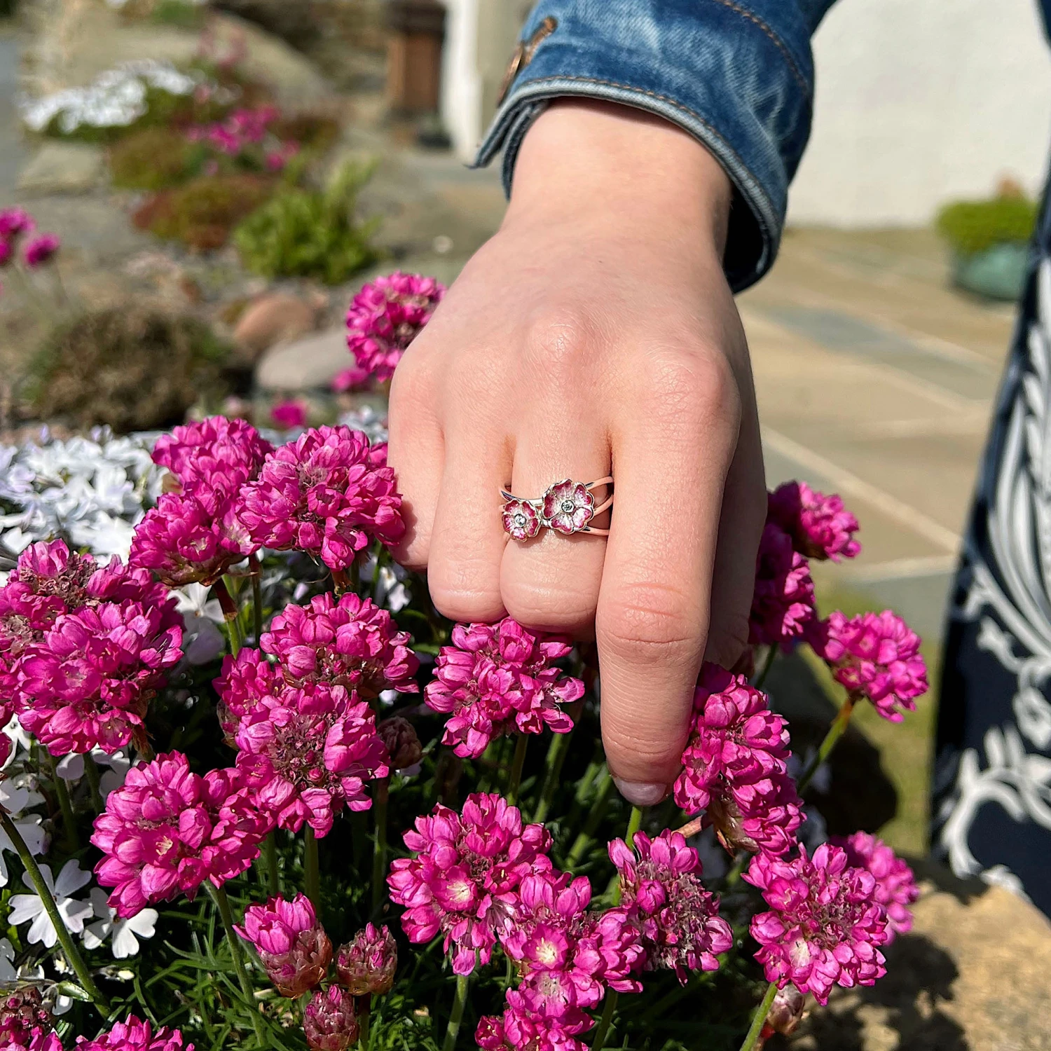 Primula Scotica 2-flower CZ Ring In Hot Pink Enamel 4 Primula Scotica 2-flower CZ Ring In Hot Pink Enamel - Image 2
