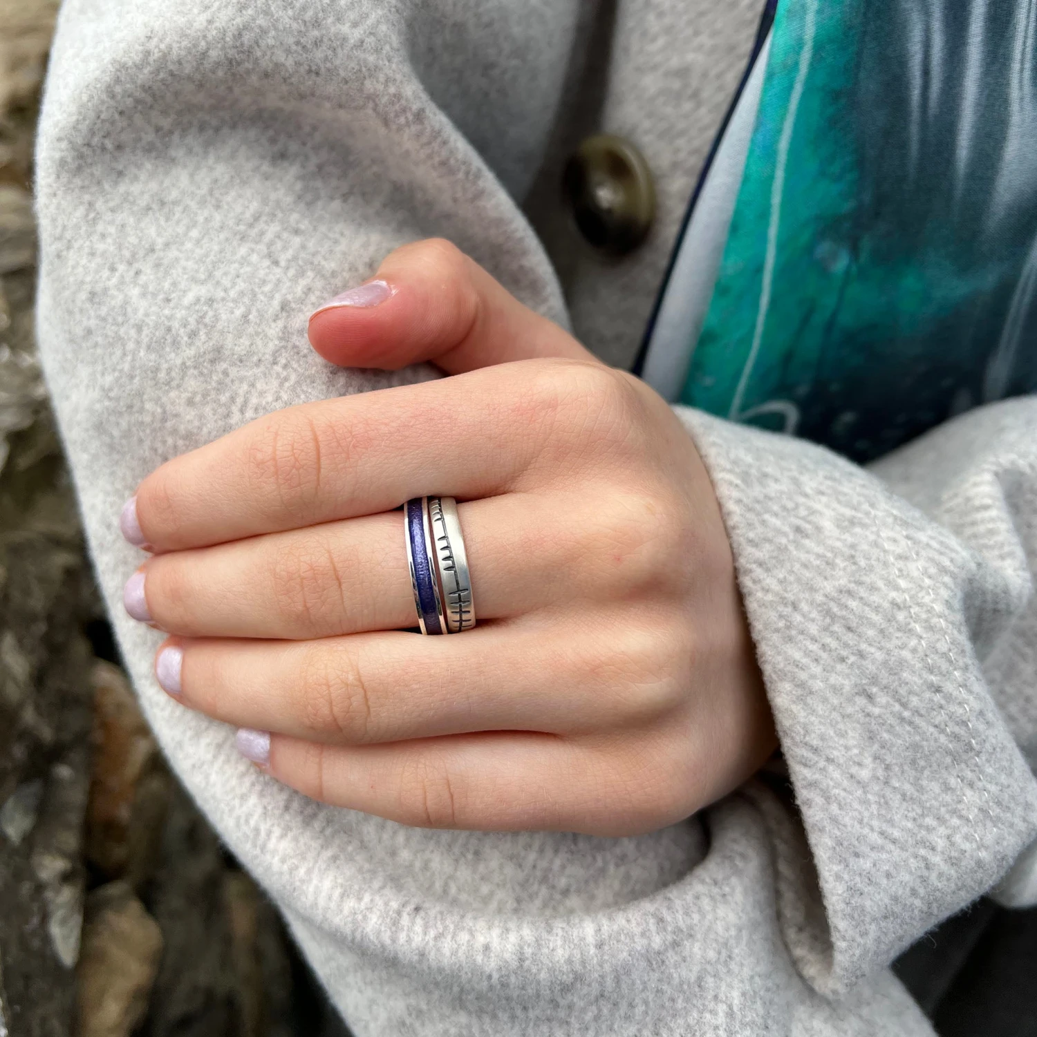 Halo ‘Purple’ Enamel & Ogham Sterling Silver Ring Set 4 Halo ‘Purple’ Enamel & Ogham Sterling Silver Ring Set - Image 2