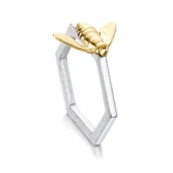 Honeycomb Silver Hexagon Ring With 9ct Yellow Gold Bee
