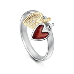 Secret Hearts 2-heart Silver Diamond Ring With 9ct Yellow Gold & Red Enamel