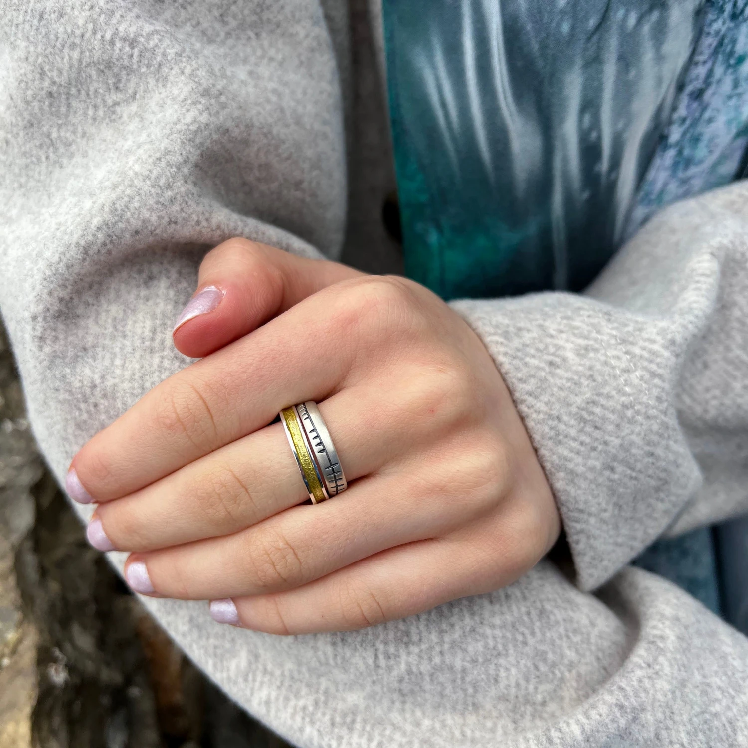 Halo ‘Yellow’ Enamel & Ogham Sterling Silver Ring Set 4 Halo ‘Yellow’ Enamel & Ogham Sterling Silver Ring Set - Image 2